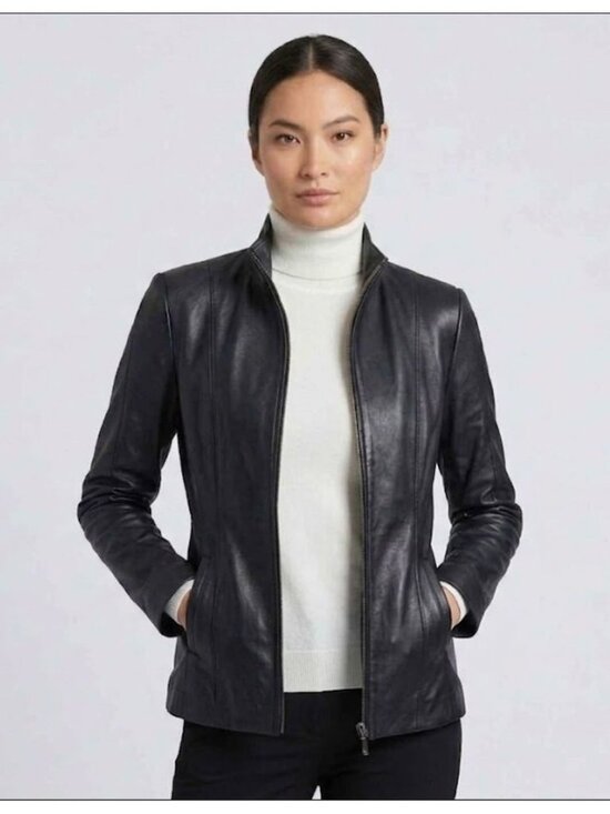 Van Heusen Jackets & Blazers - Van Heusen Black Genuine Leather Jacket Women's Size Large Fitted Zip Up Pockets